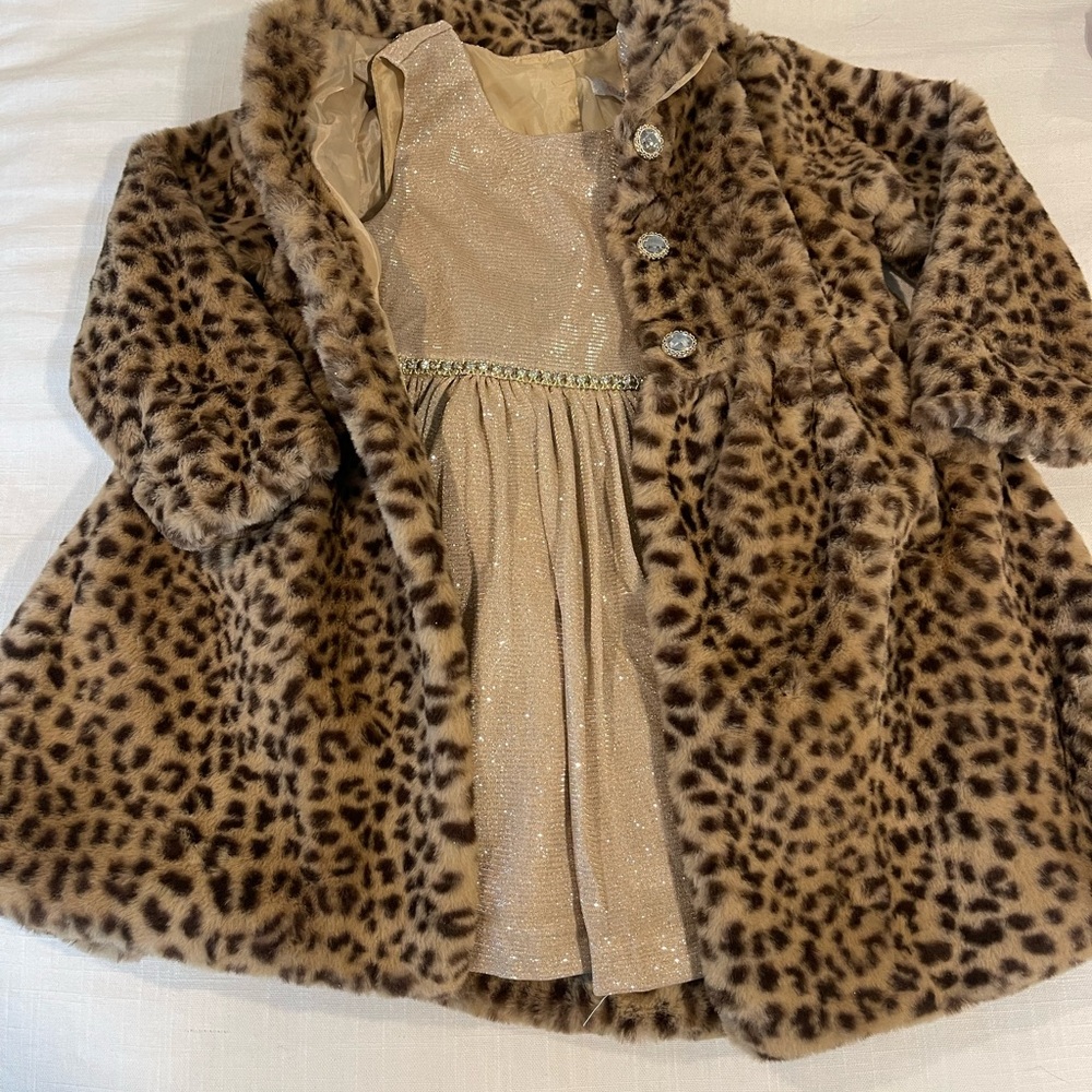 Leopard Print Faux Fur Coat and sparkly dress set for Kids